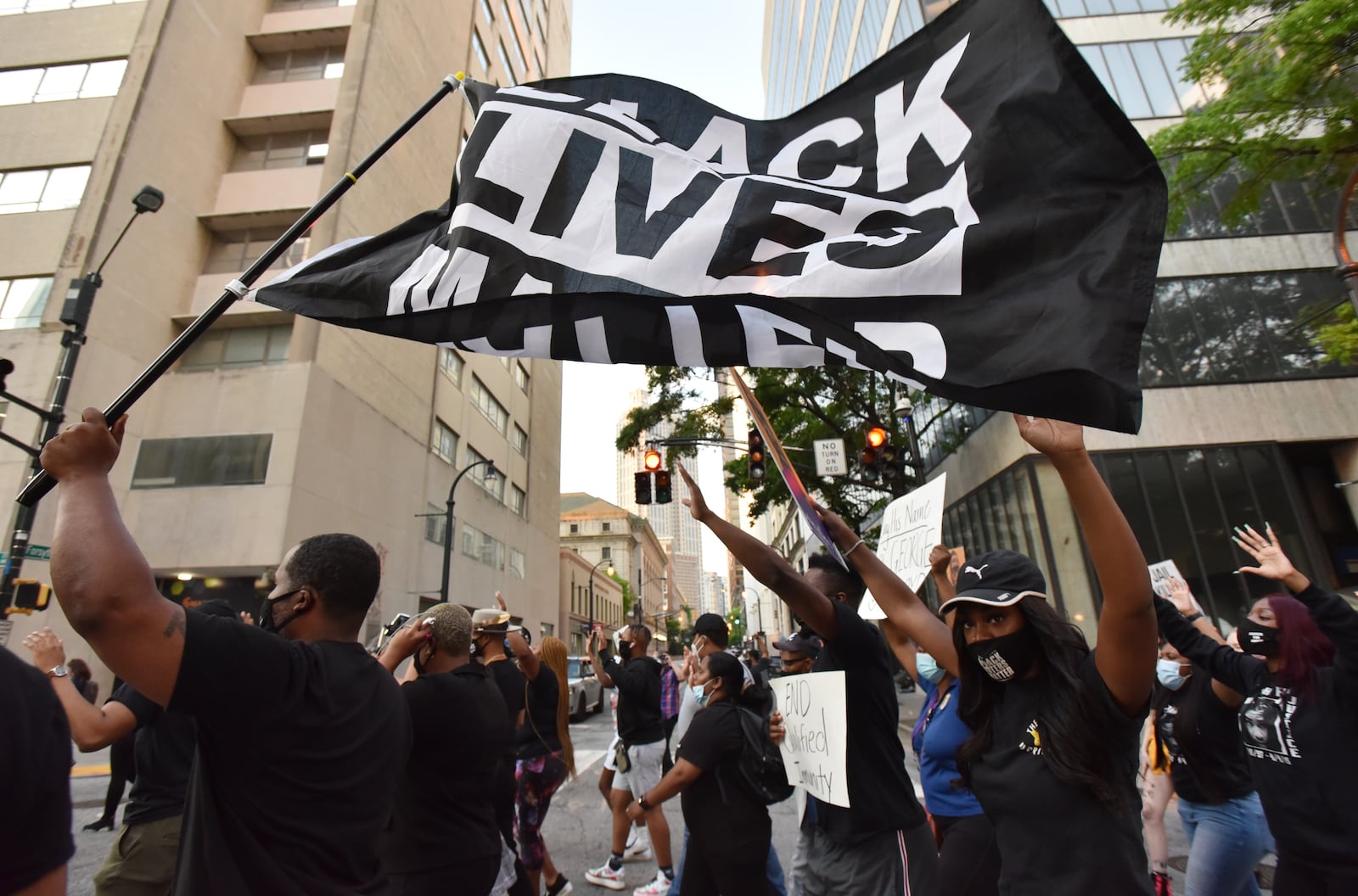 April 20, 2021 Atlanta - People march following the verdict in the murder trial of Derek Chauvin, a former Minneapolis police office, on Tuesday, April 20, 2021. Like the rest of the country, Atlanta residents awaited the verdict Tuesday afternoon for former Minneapolis police Officer Derek Chauvin, who is accused of killing George Floyd. At 5 p.m., the verdict was announced: Guilty. (Hyosub Shin / Hyosub.Shin@ajc.com)