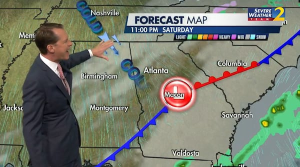 A cold front expected to push into north Georgia late Saturday could mean lows in the 30s and 20s the rest of the weekend. (Credit: Channel 2 Action News)