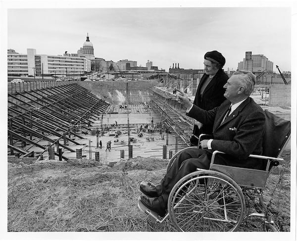 Mary Givens Bryan and then-Secretary of State Ben Fortson reviewing the construction of the Georgia Archives building, ca. 1963.  This photo was originally published in the Atlanta Journal. GEORGIA ARCHIVES