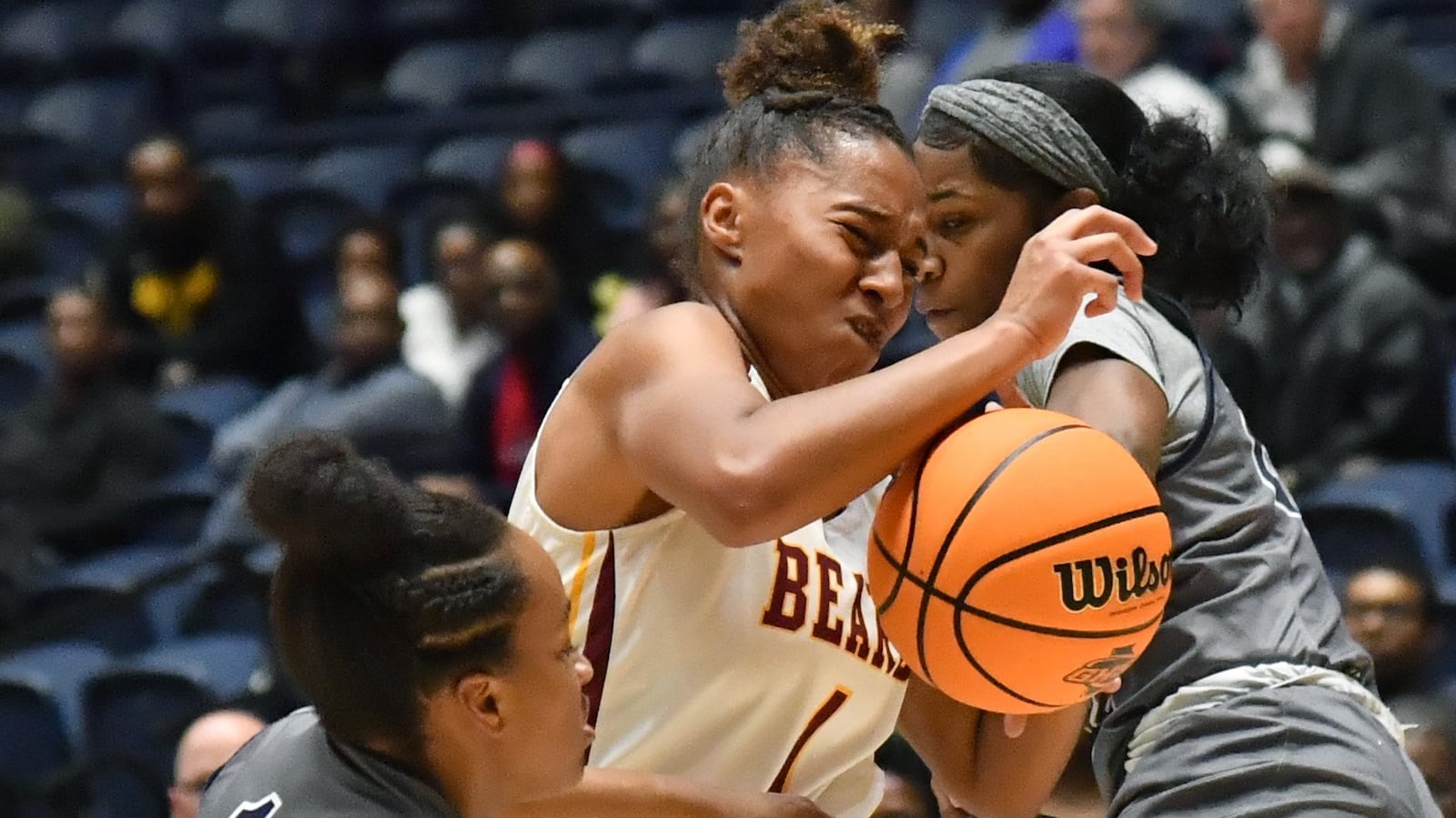 Holy Innocents' Rachel Suttle (1) drives against St. Francis' Morgan Harper (1) and Mia Moore (right), Wednesday, March 4, 2020. (Hyosub Shin / Hyosub.Shin@ajc.com)