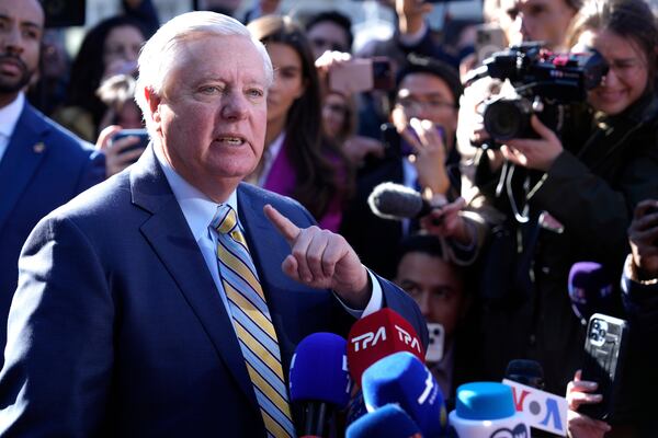 Sen. Lindsey Graham, R-S.C., speaks to reporters outside the West Wing of the White House in Washington, Friday, Feb. 28, 2025. (AP Photo/Ben Curtis)