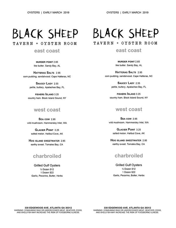 Theoyster menu for Black Sheep Tavern & Oyster Room