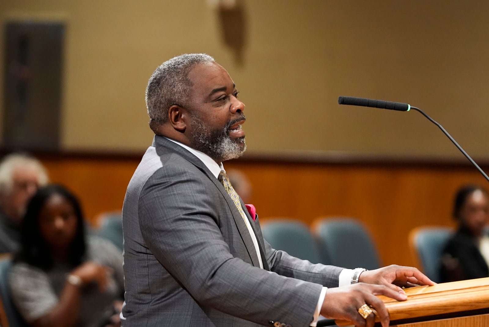 Sundiata Haley, son of Oretha Castle Haley, speaks during a city council hearing regarding the dispute over her former home and plans by others to create a museum, in New Orleans, Thursday, Oct. 24, 2024. (AP Photo/Gerald Herbert)