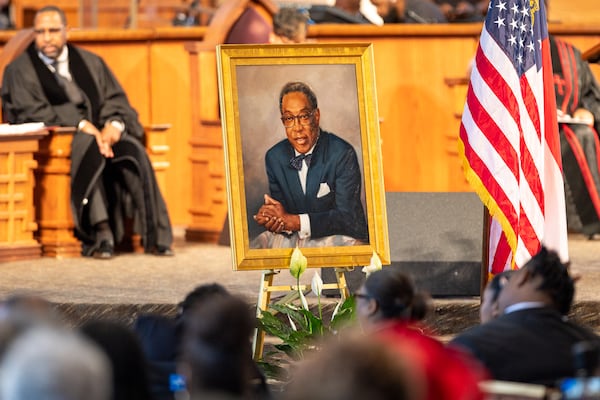 The funeral service of Marvin Arrington Sr., former superior court judge and Atlanta City Council president, at Ebenezer Baptist Church in Atlanta on Friday, July 28, 2023. (Arvin Temkar / arvin.temkar@ajc.com)