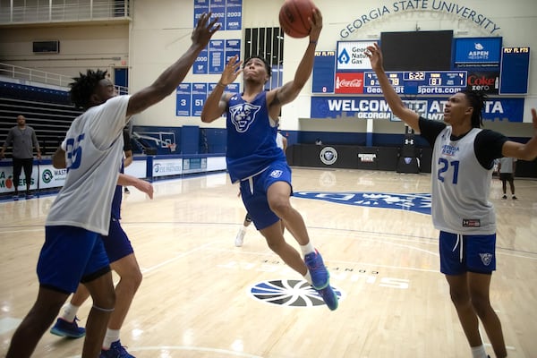 Justin Roberts drives to the basket at practice during media day Wednesday at the Georgia State Sports Arena, October  30, 2019.  STEVE SCHAEFER / SPECIAL TO THE AJC