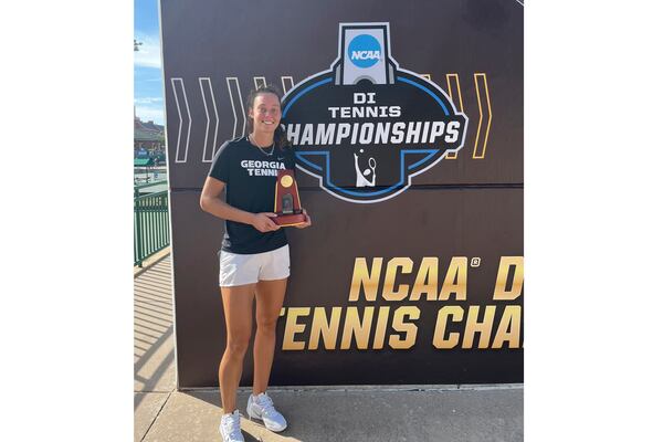 NCAA Women’s Singles Champion, University of Georgia's Dasha Vidmanova poses for a photo Sunday, Nov. 24, 2024, in Waco, Texas. (Greg Sharko via AP)