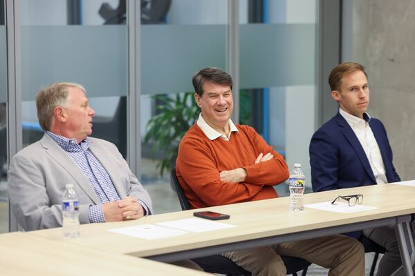 Alpharetta Mayor Jim Gilvin, Sandy Springs Mayor Rusty Paul, and Milton Mayor Peyton Jamison are shown during a North Fulton Municipal Association meeting at the North Fulton Chamber of Commerce office inside the Avalon complex, Thursday, February 9, 2023, in Alpharetta, Ga.. Four cities in north Fulton --Alpharetta, Johns Creek, Milton and Roswell -- are planning for the possibility of running their own elections this fall. Jason Getz / Jason.Getz@ajc.com)