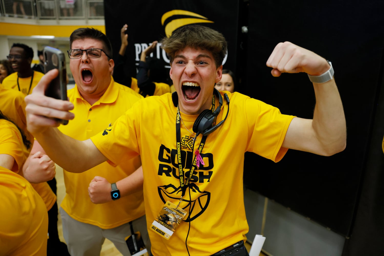 Kennesaw State students react after the Owls beat the Liberty Flames 88-81 at the Kennesaw State Convention Center on Thursday, Feb 16, 2023.
 Miguel Martinez / miguel.martinezjimenez@ajc.com