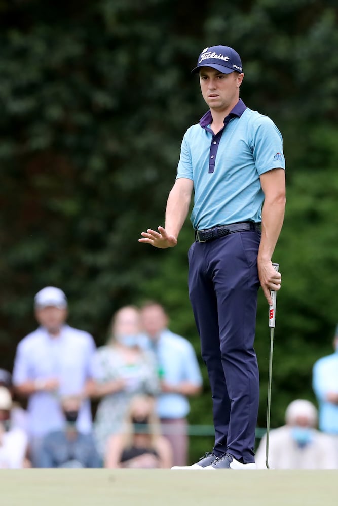 April 9, 2021, Augusta: Justin Thomas misses his eagle putt on the fifteenth hole during the second round of the Masters at Augusta National Golf Club on Friday, April 9, 2021, in Augusta. Curtis Compton/ccompton@ajc.com