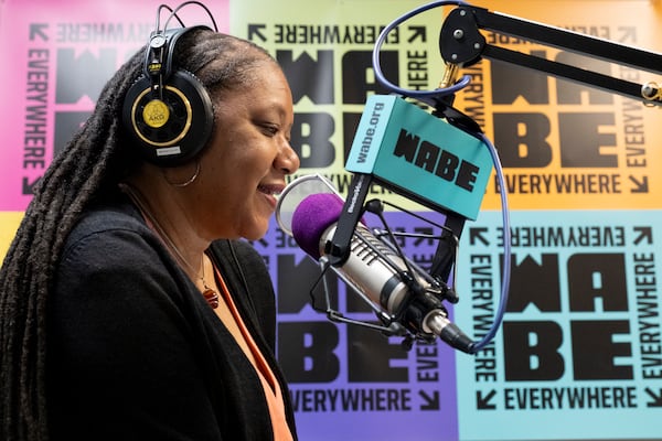 Rose Scott broadcasts "Closer Look" from the WABE studio in Atlanta on Monday, Sept. 18, 2023.   (Ben Gray / Ben@BenGray.com)