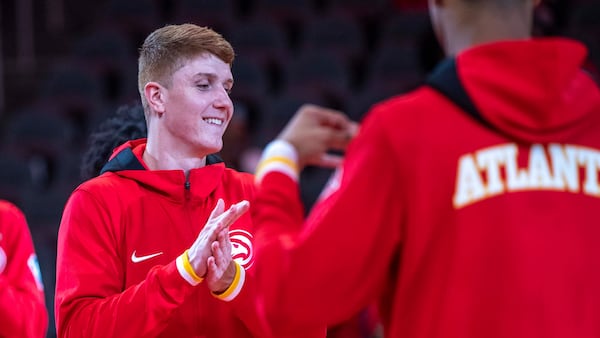 Hawks guard Kevin Huerter (3) is introduced before the start of an exhibition game against the Cleveland Cavaliers on Wednesday, October 6, 2021, at State Farm Arena in Atlanta. (Alyssa Pointer/ Alyssa.Pointer@ajc.com)