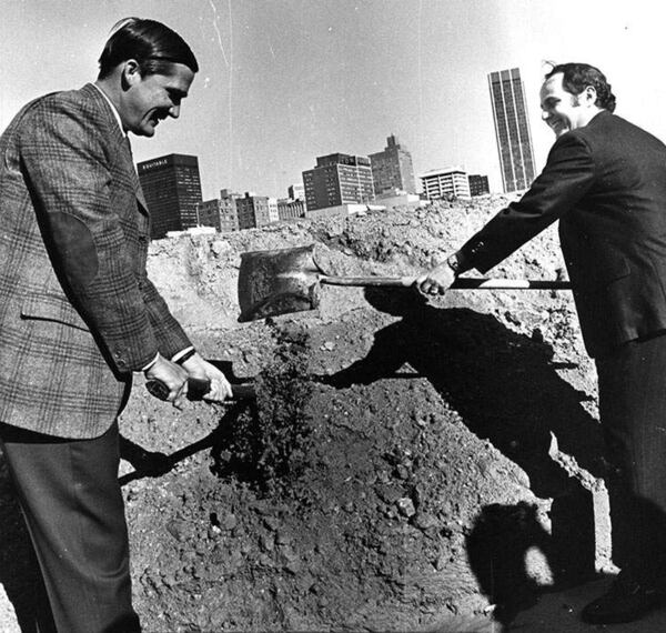 Developer Tom Cousins and Atlanta Mayor Sam Massell break ground for the Omni on March 31, 1971. (AJC archive photo / Charles Pugh)