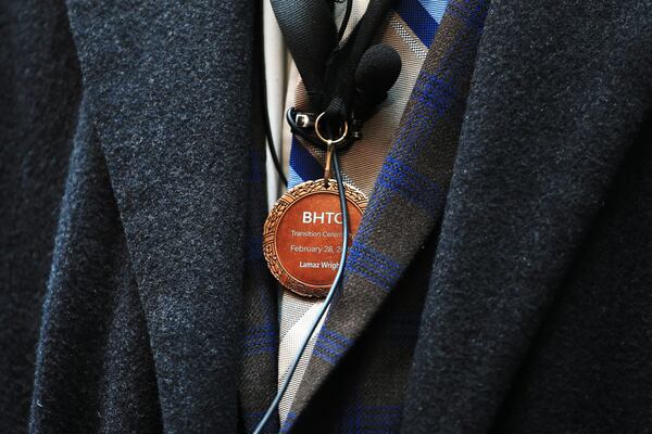 Basil Eleby wears a medal after the Fulton County Behavioral Health Treatment Court Transition program graduation on Friday, Feb. 28, 2020, at the Fulton County Government Center Assembly Hall in Atlanta. Eleby, the scapegoat accused of starting the fire that caused the I-85 bridge collapse, graduated from the 18-month mental health and sobriety program that he agreed to as part of a deal with prosecutors (Christina Matacotta, for The Atlanta Journal-Constitution).