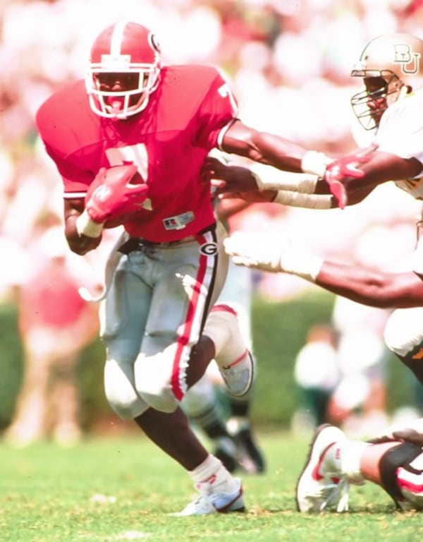 Despite sharing time with Lars Tate, Tim Worley and Keith Henderson, Hampton finished sixth on UGA’s all-time rushing list with 2,668 yards. UGA PHOTO