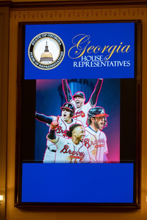 The voting board in the Georgia House chamber celebrates the Atlanta Braves's victory in the World Series on Wednesday, the first day of the special legislative session. Ben Gray for the Atlanta Journal-Constitution