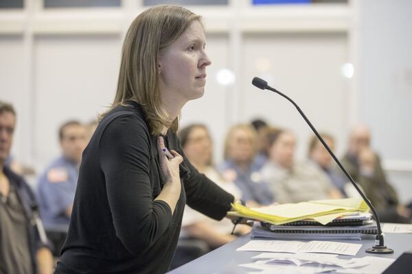 Former Fayette County 911 Communications center supervisor Nicole Smith gives public comment during a Fayette County commissioners meeting, Thursday, Feb. 8, 2018. Smith said current director Bernard “Buster” Brown created a hostile work environment in the center. ALYSSA POINTER / ALYSSA.POINTER@AJC.COM