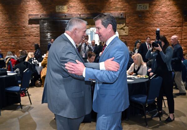 January 29, 2020 Atlanta - Georgia Speaker of the House David Ralston (left) and Governor Brian Kemp greet during the 7th Annual Legislative Lunch at Georgia Freight Depot in Atlanta on Wednesday, January 29, 2020. (Hyosub Shin / Hyosub.Shin@ajc.com)