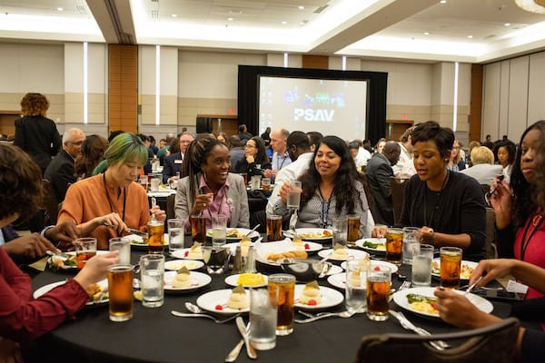 Attendees enjoy lunch at the Marriott Marquis in downtown Atlanta on Friday, Oct. 25, 2019. An estimated 1,200 educators, college recruiters and students met at the Marriott Marquis this weekend as part of the Southern Regional Education Board-led Institute on Teaching and Mentoring. REBECCA WRIGHT / FOR THE ATLANTA JOURNAL-CONSTITUTION