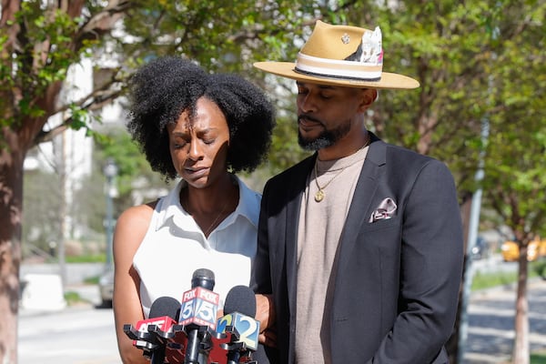 (Left to right) Crystal and Alfred Brooks, the parents of Maynard High School student Bryce Brooks, 16, speak during a press conference on Monday, April 10, 2023. 