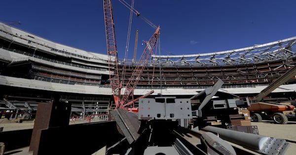 A large crane looms over LA Stadium on Tuesday, Sept. 18, 2018, in Inglewood, Calif. The new facility for the Los Angeles Rams, and Los Angeles Chargers is tentatively scheduled to be competed for the 2020 NFL football season. (AP Photo/Chris Carlson)(Photo: The Associated Press)