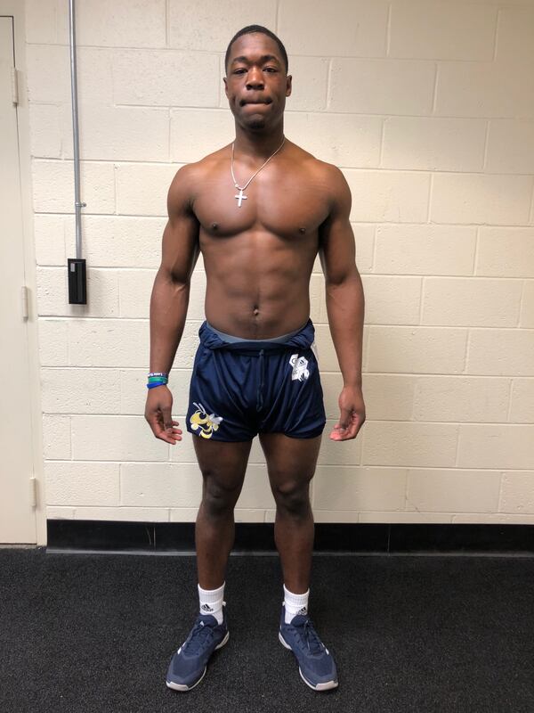 Photos of Georgia Tech wide receiver comparing his strength gains made with new strength and conditioning coach Lewis Caralla. The "before" photo was taken in January. (Photos provided by Georgia Tech)