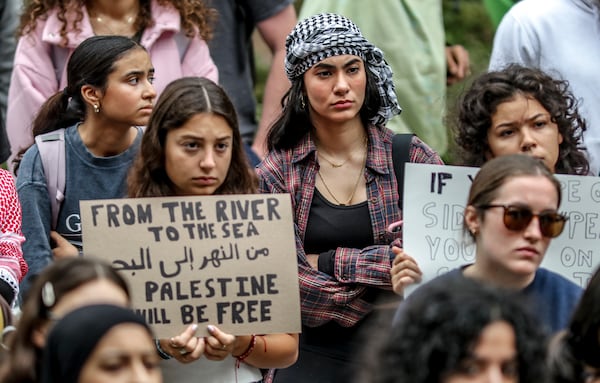 October 13, 2023 Atlanta: A student prayer rally "Solidarity with Palestine" occurred outside the student center on the Georgia Tech campus on Friday, Oct. 13, 2023. (John Spink / John.Spink@ajc.com) 

