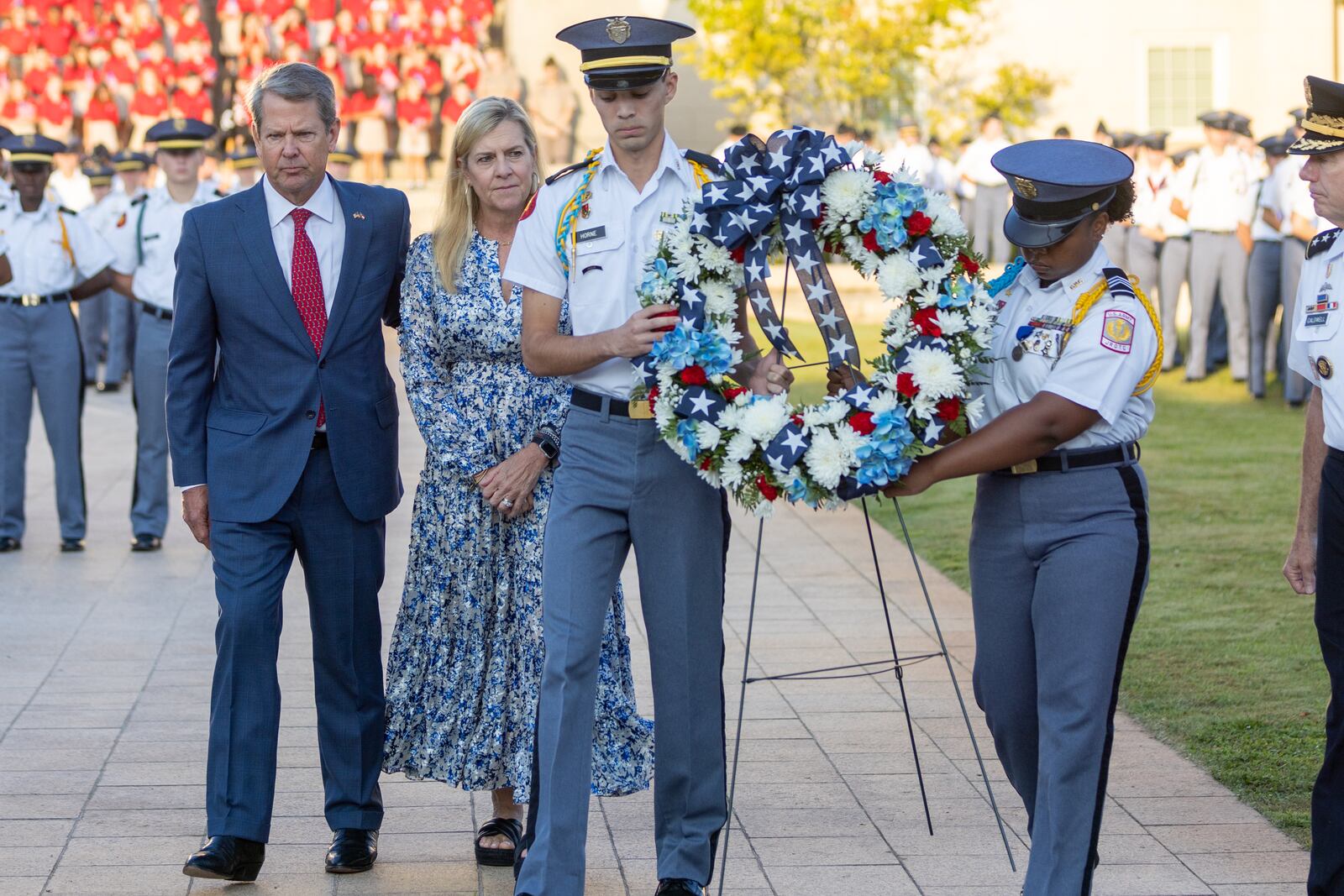 (Left to right) A year ago, Gov. Brian Kemp and first lady Marty Kemp attended the Patriot Day ceremony at Georgia Military College in Milledgeville.