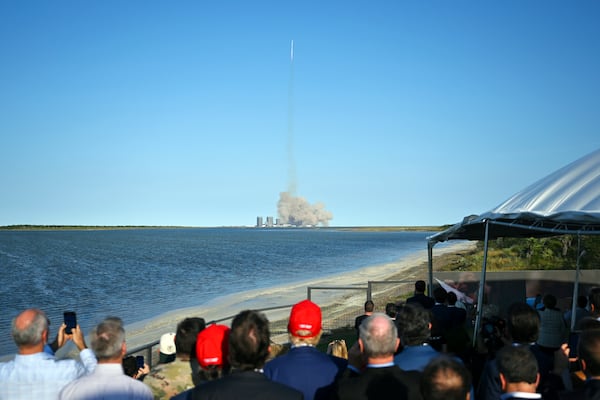 President-elect Donald Trump watches the launch of the sixth test flight of the SpaceX Starship rocket Tuesday, Nov. 19, 2024, in Brownsville, Texas. (Brandon Bell/Pool via AP)