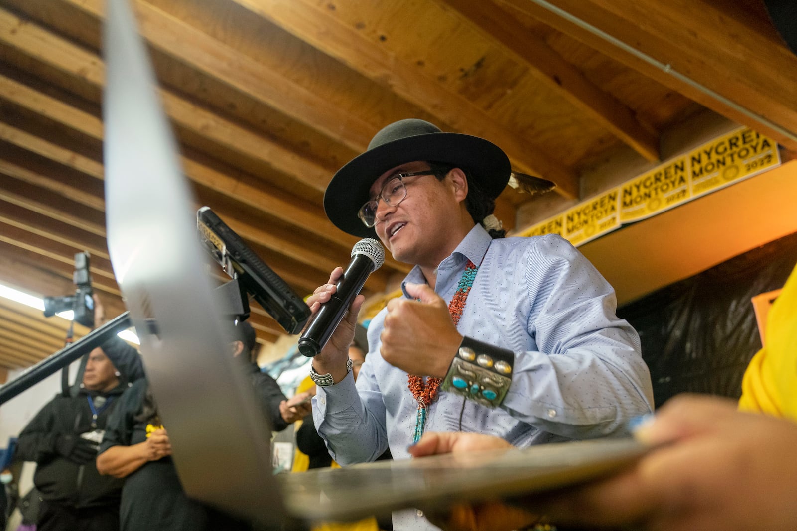 FILE - Buu Nygren announces his win for the Navajo Nation president as he reads tabulated votes from chapter houses across the reservation at his campaign's watch party at the Navajo Nation fairgrounds in Window Rock, Ariz., on Tuesday, Nov. 8, 2022. (AP Photo/William C. Weaver IV, File)