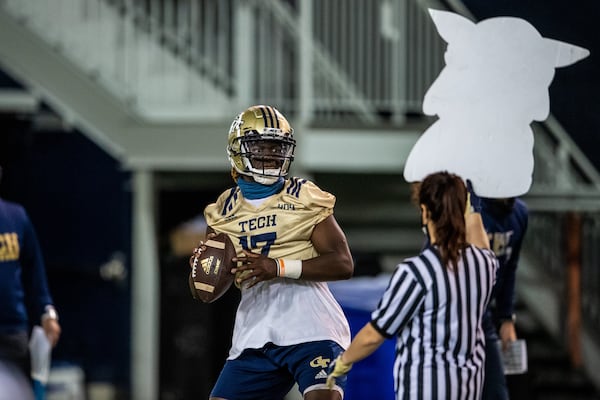 Georgia Tech quarterback Demetrius Knight throws from the pocket at spring practice on March 30, 2021. (Danny Karnik/Georgia Tech Athletics)