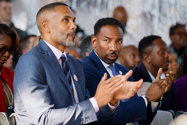 Mayor Andre Dickens (center) attends a groundbreaking ceremony for the Centennial Yards Atlanta Development in Atlanta on Thursday, November 17, 2022.   (Arvin Temkar / arvin.temkar@ajc.com)