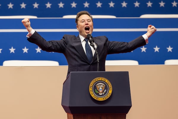 Elon Musk speaks before President Donald Trump arrives at Capital One Arena in Washington, D.C. for his inauguration parade on Monday, January 20, 2025. (Arvin Temkar / AJC)