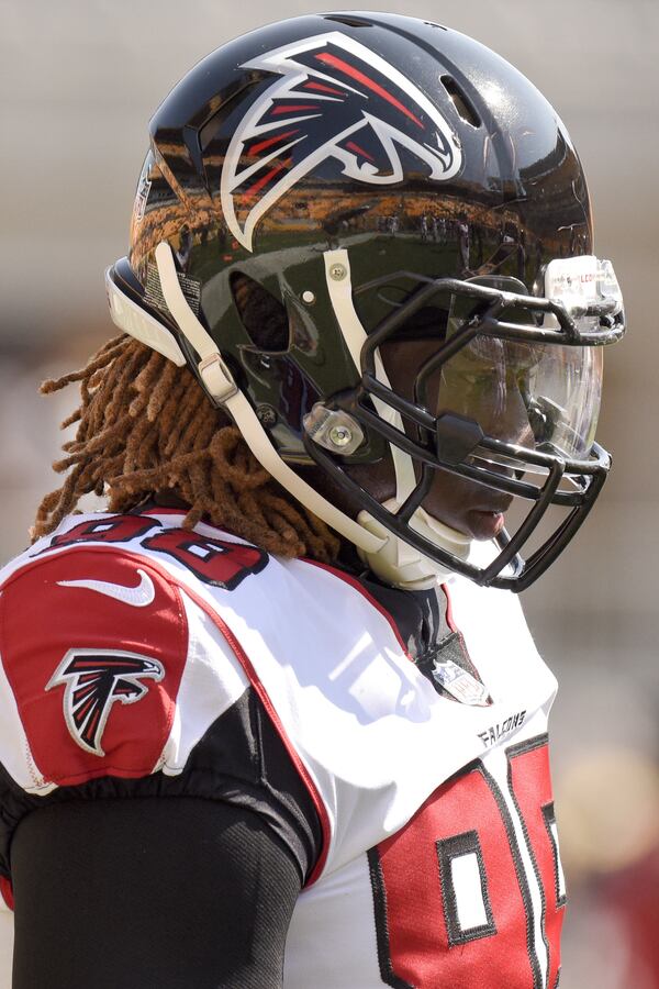 Atlanta Falcons defensive end Takkarist McKinley (98) warms up before of an NFL preseason football game against the Pittsburgh Steelers, Sunday, Aug. 20, 2017, in Pittsburgh. (AP Photo/Don Wright)