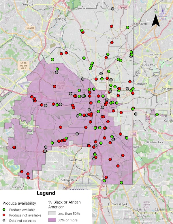 Produce availability among stores in the city of Atlanta by majority- vs. non-majority-Black neighborhoods. The gray dots in the maps represent stores that Emory was not able to collect data from, including stores that were permanently closed, not open, pharmacies without food, or refused to participate.