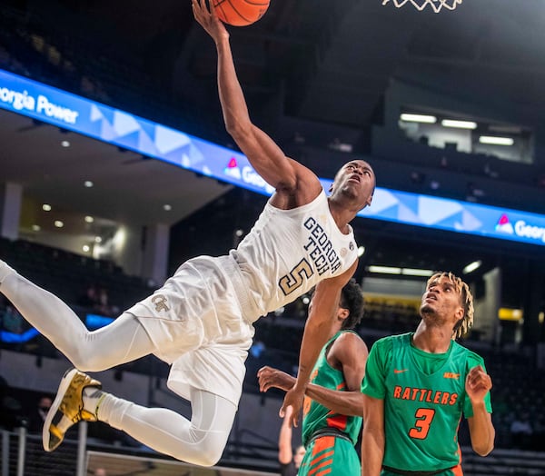 Georgia Tech Yellow Jackets forward Moses Wright (5) is fouled while making a basket during the second half. (Alyssa Pointer / Alyssa.Pointer@ajc.com)