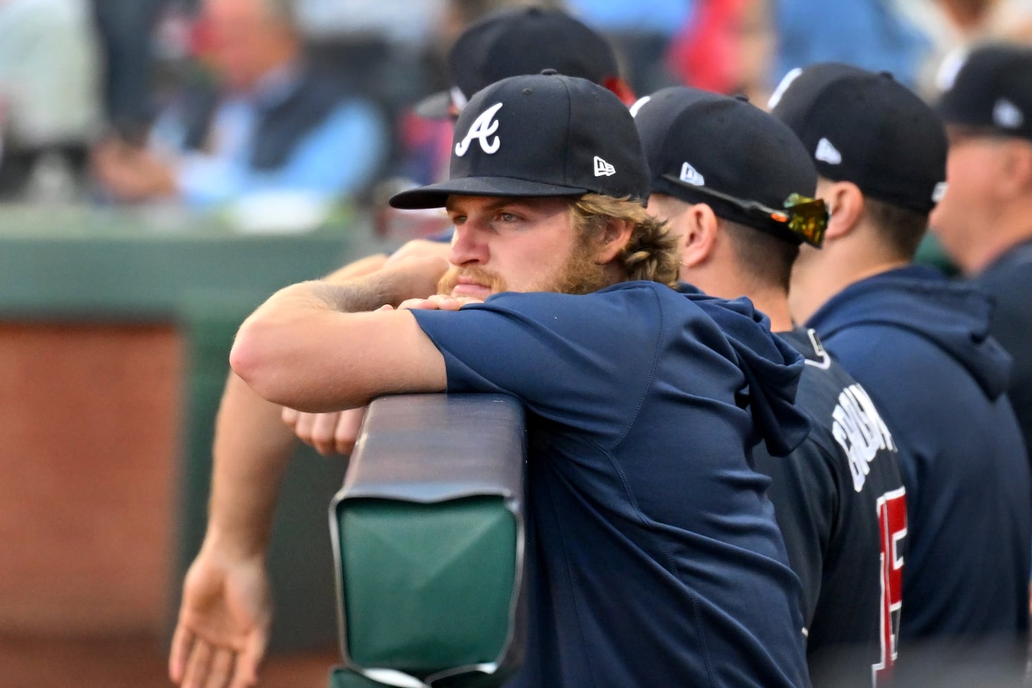 Braves players watch from the dugout during the seventh inning in Game 4 of the NLDS against the host Phillies. (Hyosub Shin / Hyosub.Shin@ajc.com)