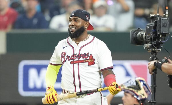 Marcell Ozuna smiles during the MLB baseball All-Star Home Run Derby, Monday, July 15, 2024, in Arlington, Texas. (AP Photo/LM Otero)