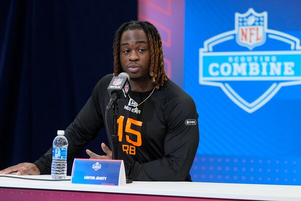 Boise State running back Ashton Jeanty speaks during a press conference at the NFL football scouting combine Friday, Feb. 28, 2025, in Indianapolis. (AP Photo/George Walker IV)