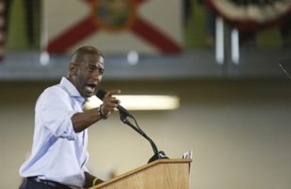 Florida gubernatorial Democratic candidate Andrew Gillum gives a speech to a packed crowd during the Florida Democratic Party rally held at the University of South Florida in Tampa, Florida on Monday, October 22, 2018. (Octavio Jones/The Tampa Bay Times via AP)