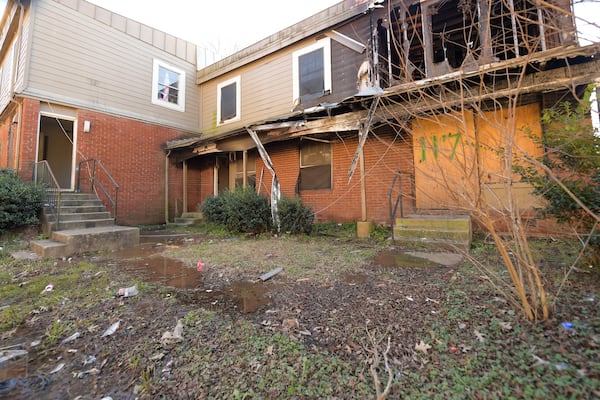 A run down unit is seen in the Forest Cove apartment complex Tuesday, Feb. 1, 2022. (Daniel Varnado/For the Atlanta Journal-Constitution)