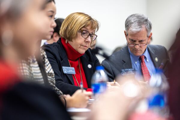 State Sen. Kay Kirkpatrick, R-Marietta, of the Senate mental health parity subcommittee discusses HB 520, a mental health bill, at the Capitol on Monday, March 13, 2023. (Arvin Temkar / arvin.temkar@ajc.com)