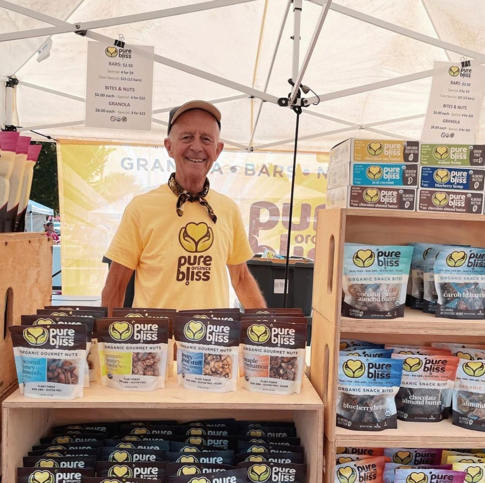 Pete Maxwell manages the Pure Bliss Organics farmers market program, staffing booths at seven to nine locations each week. Courtesy of Pure Bliss Organics