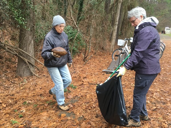 Someone's soggy, long-lost football was among the garbage collected along the Chattahoochee River Tuesday morning. Photo: Jennifer Brett