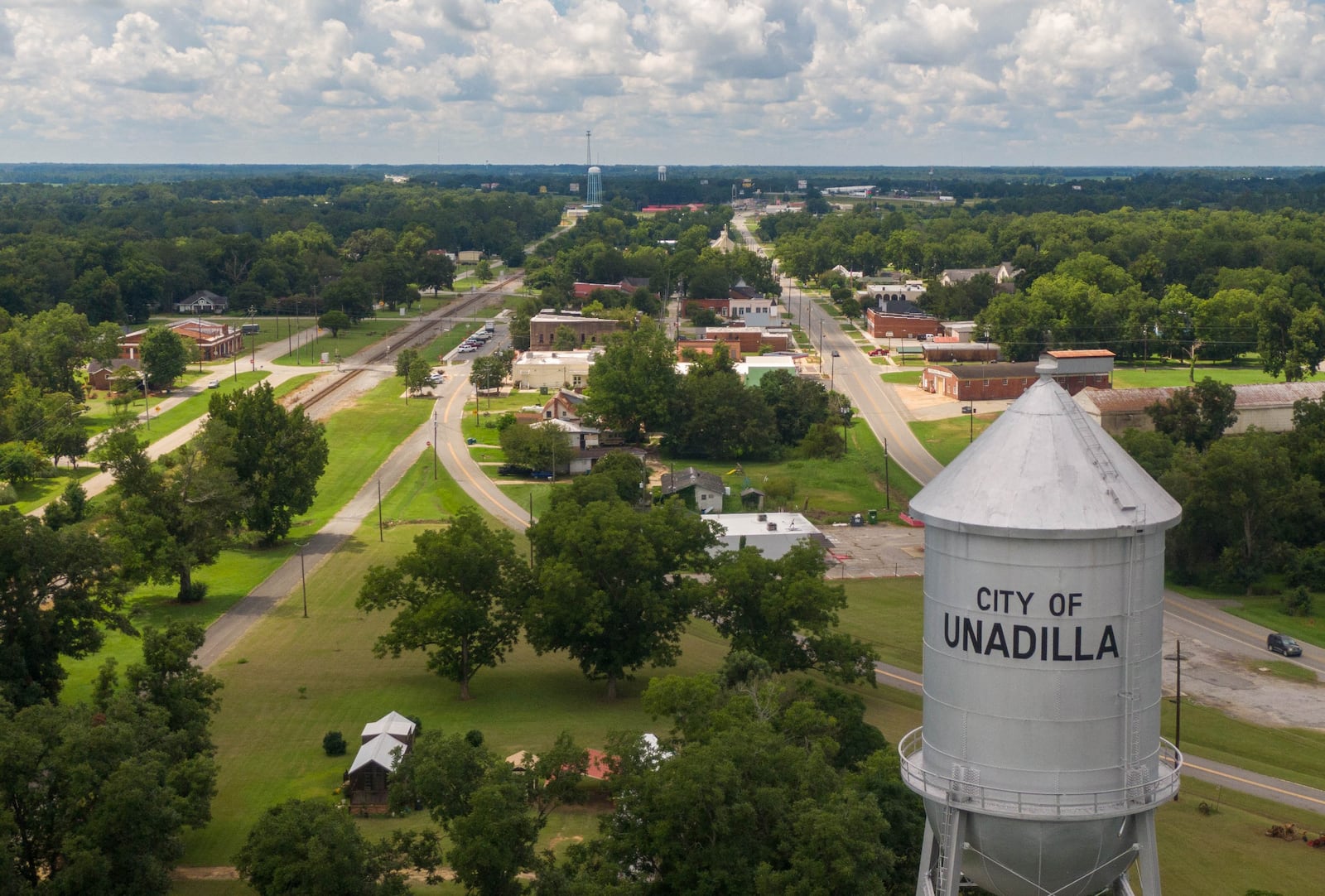 Aerial photo shows downtown Unadilla on Wednesday, August 18, 2021. (Hyosub Shin / Hyosub.Shin@ajc.com)