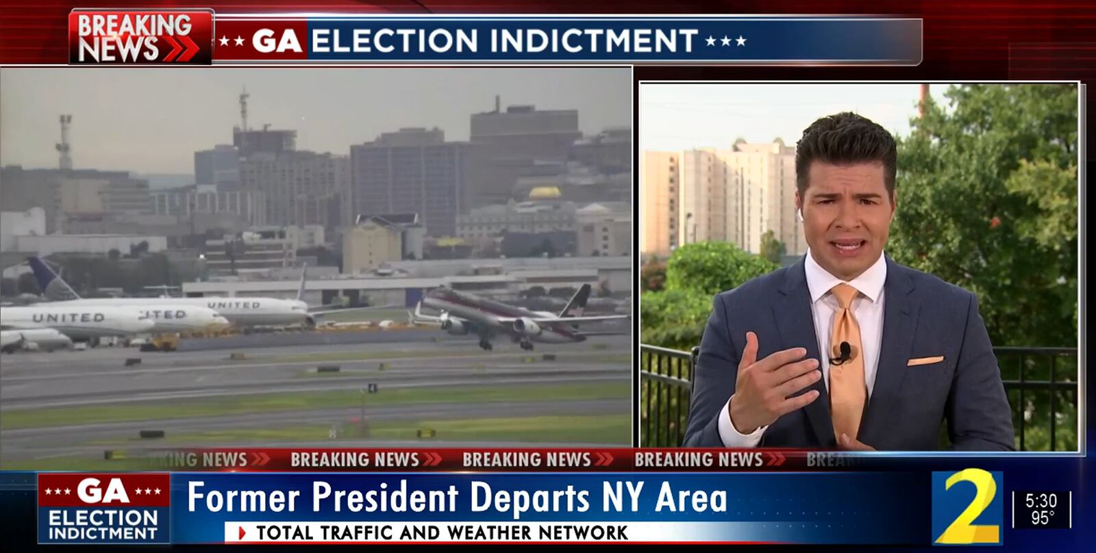 Former President Donald Trump's plane departed from the Newark Liberty International Airport at about 5:22 p.m. He is bound for Atlanta, where he is expected to surrender on criminal charges in the 2020 election conspiracy case.