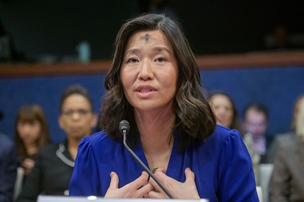 Boston Mayor Michelle Wu responds to questions during a House Committee on Oversight and Government Reform hearing with Sanctuary City Mayors on Capitol Hill, Wednesday, March 5, 2025, in Washington. (AP Photo/Rod Lamkey, Jr.)