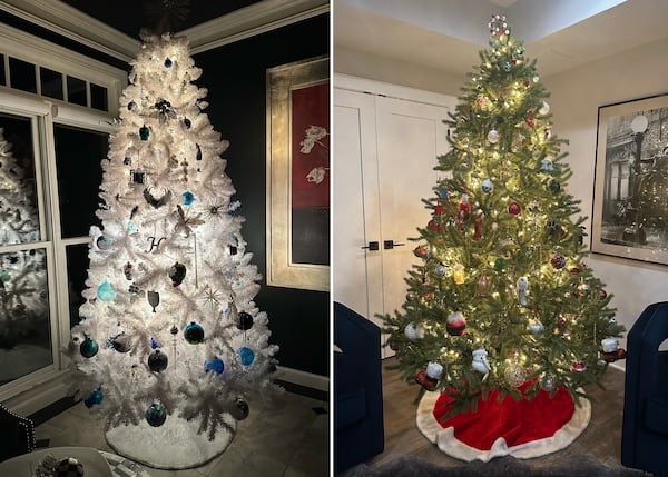 On the first floor of Holly Firfer Arnold's home she puts up a white Hanukkah-inspired Christmas tree (left); in the basement she puts up a traditional Christmas tree (right). She and her husband Shawn Arnold are a mixed-faith couple who celebrate Chrismukkah, a fusion holiday that honors both of their religious backgrounds.