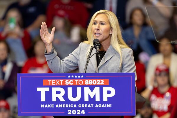 U.S. Rep. Marjorie Taylor Green, R-GA 14th District, speaks  during a rally for former president and Republican presidential candidate Donald Trump at Winthrop Coliseum in Rock Hill, South Carolina on Friday, February 23, 2024. (Arvin Temkar / arvin.temkar@ajc.com)