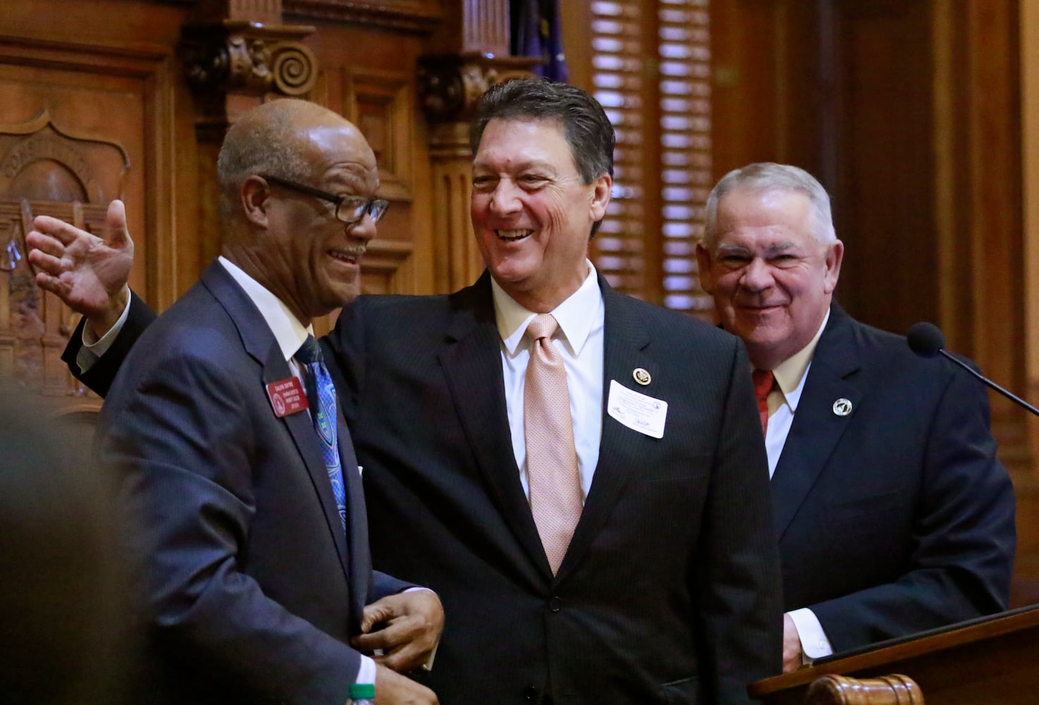 Jan. 14, 2016 - Atlanta - U.S. Rep. Lynn Westmoreland, who served in the Georgia House in 1993, was introduced by Rep. Calvin Smyre (left), D - Columbus, as a guest speaker, as Speaker of the House David Ralston looks on. Westmoreland, who has announced he is not running for reelection to congress. Activity in the House and Senate was mostly ceremonial today. Deal administration officials (Chief of Staff Chris Riley and Office of Planning and Budget Director Theresa MacCartney) held a briefing on the FY17 budget and members of the Georgia House Democratic Caucus released it's 2016 legislative agenda. BOB ANDRES / BANDRES@AJC.COM