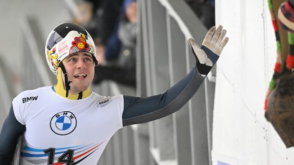 FILE - Vladyslav Heraskevych, of Ukraine, during the second run of the men's skeleton World Cup race on Friday, Dec. 16, 2022, in Lake Placid, N.Y. (AP Photo/Hans Pennink, File)